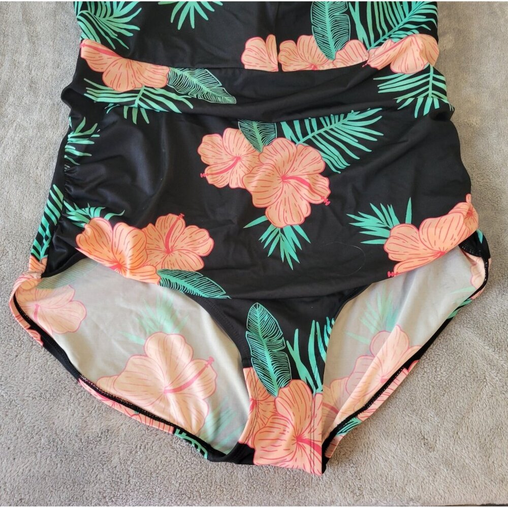 Crane Womens Swimsuit XXL Plus One Piece Halter Keyhole Pink Black FLO97E - Picture 3 of 12